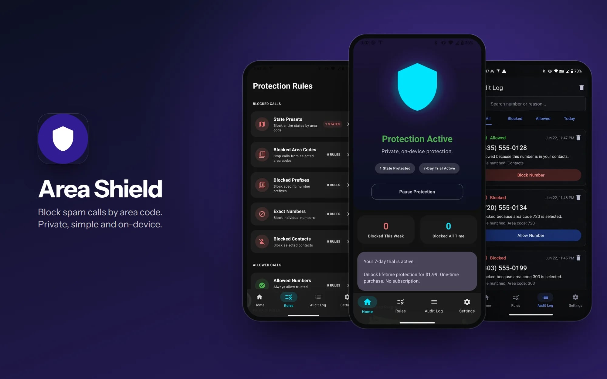 Area Shield on three Android phones: the Protection Rules list, the home screen with protection active, and the audit log of allowed and blocked calls