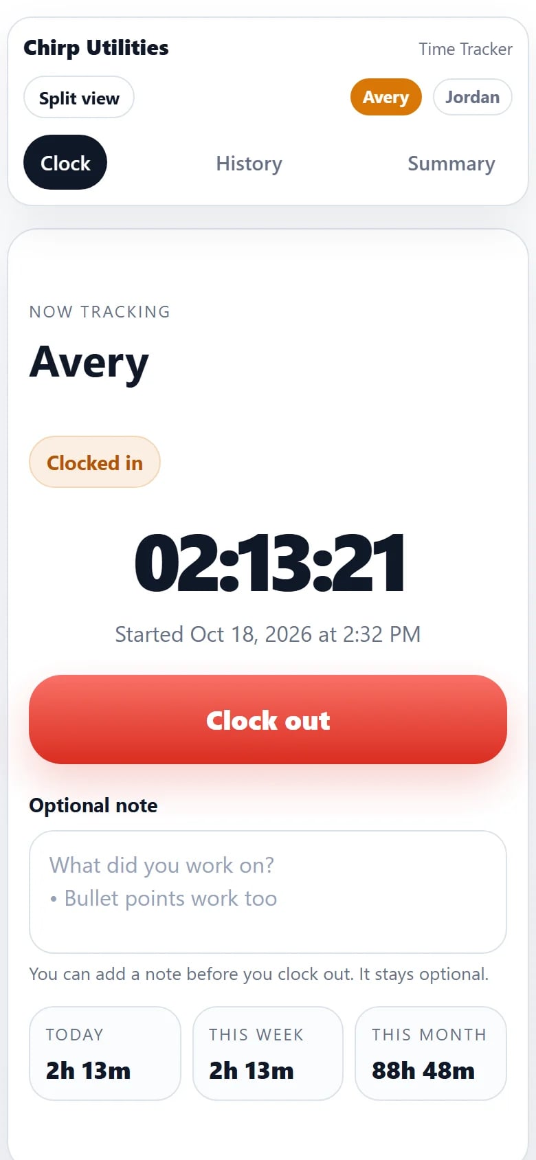 Time Tracker on a phone: Clock, History and Summary tabs above a large Clock in button, sample name