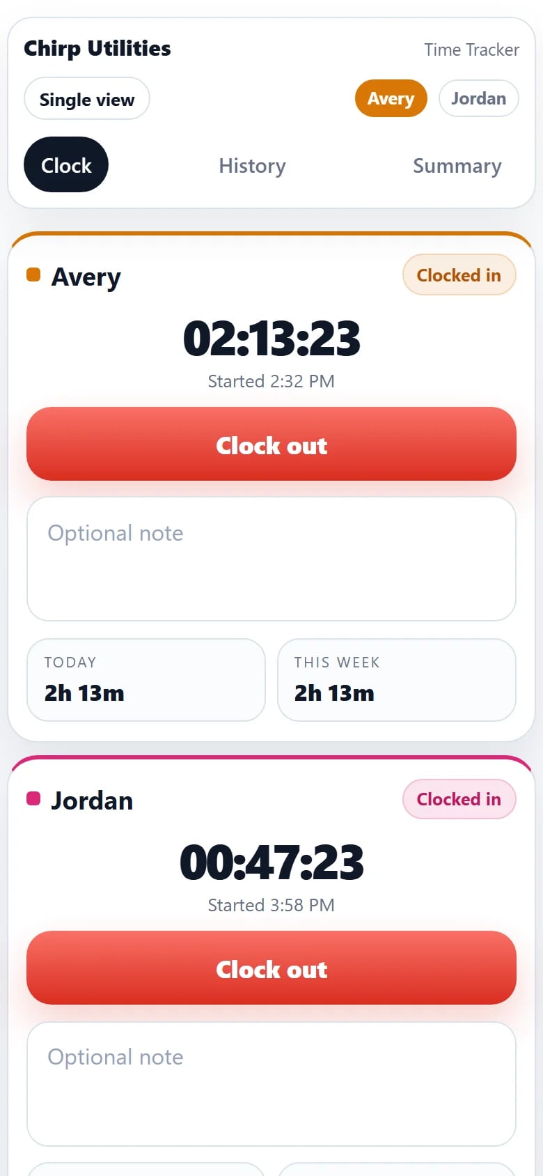 Split view on a phone: one card per person, each with its own timer, sample names