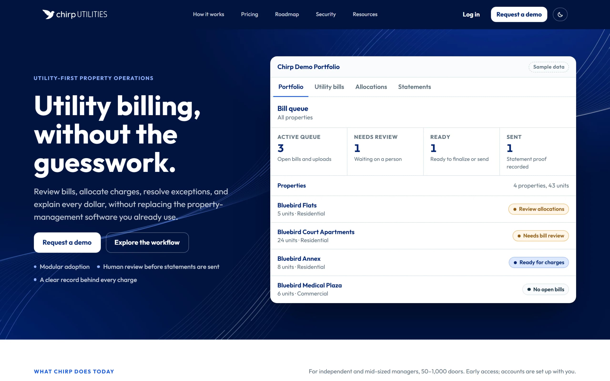 Chirp Utilities homepage: “Utility billing, without the guesswork.” beside a sample portfolio card listing four properties and their bill statuses