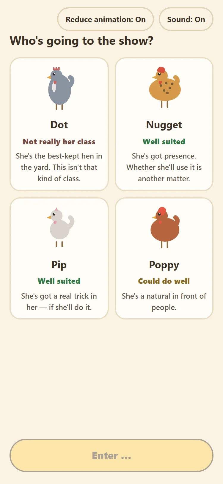 Who's going to the show? Four hen cards, each with a fit for the Talent class and a short note on her character