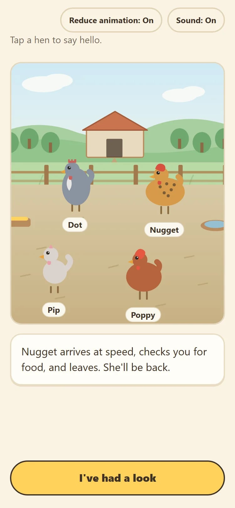 A drawn farmyard with a barn and four hens named Dot, Nugget, Pip and Poppy, and the line: Nugget arrives at speed, checks you for food, and leaves