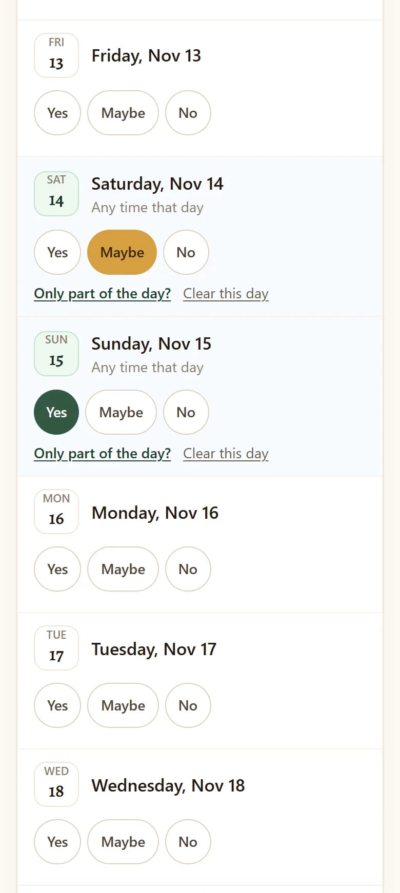Availability list with Yes, Maybe and No for each day: Saturday marked Maybe, Sunday marked Yes, the weekdays left blank