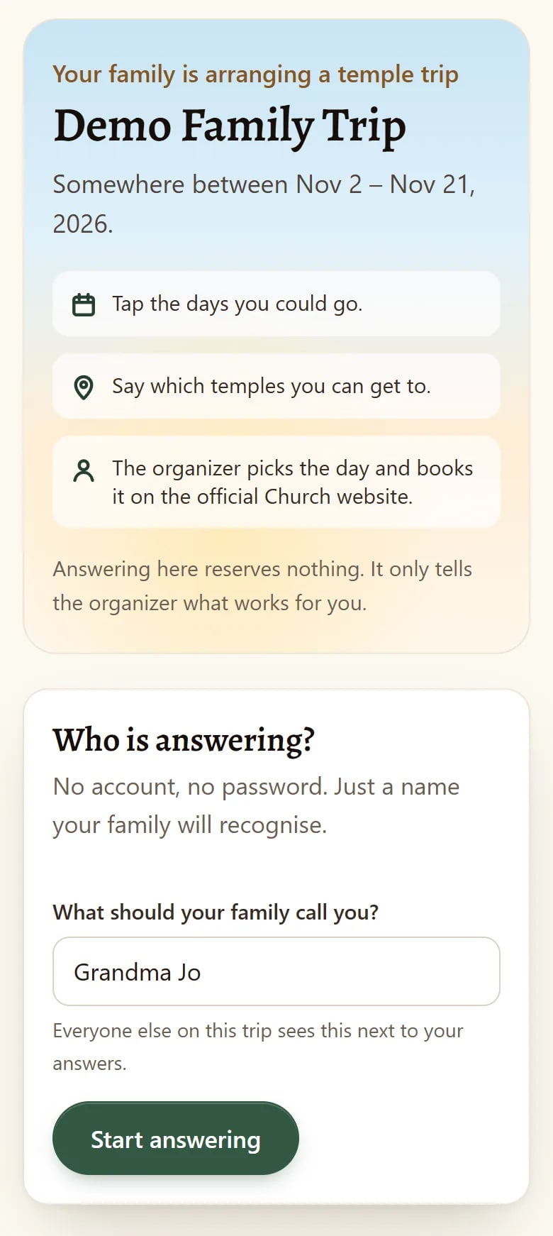 Share link page for a demo family trip in November: three steps (tap the days, say which temples you can reach, the organizer books), then a relative types the name their family will recognise, with no account or password