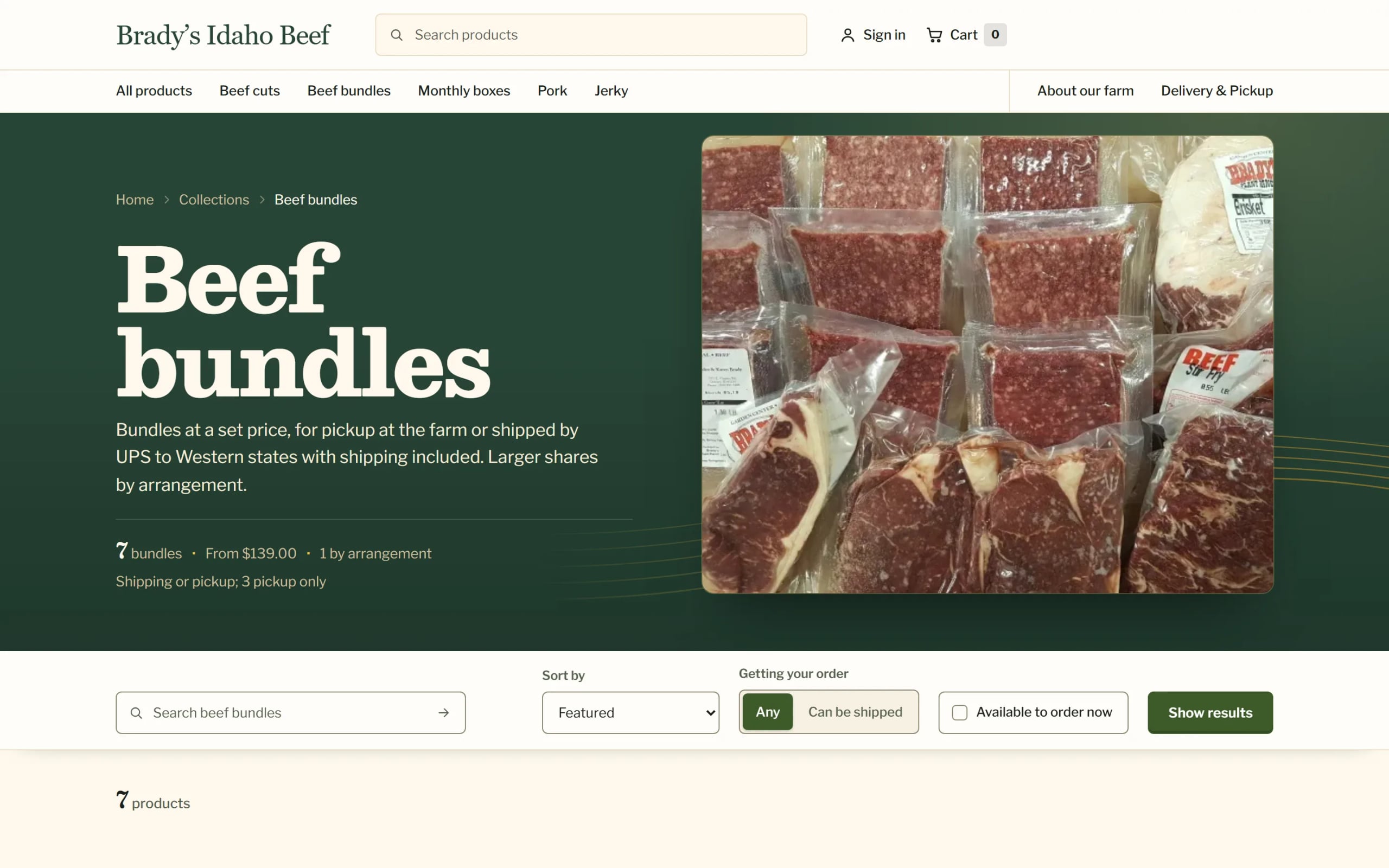 Beef bundles collection page: seven bundles from $139, with search, sorting and a filter for shipped or pickup orders