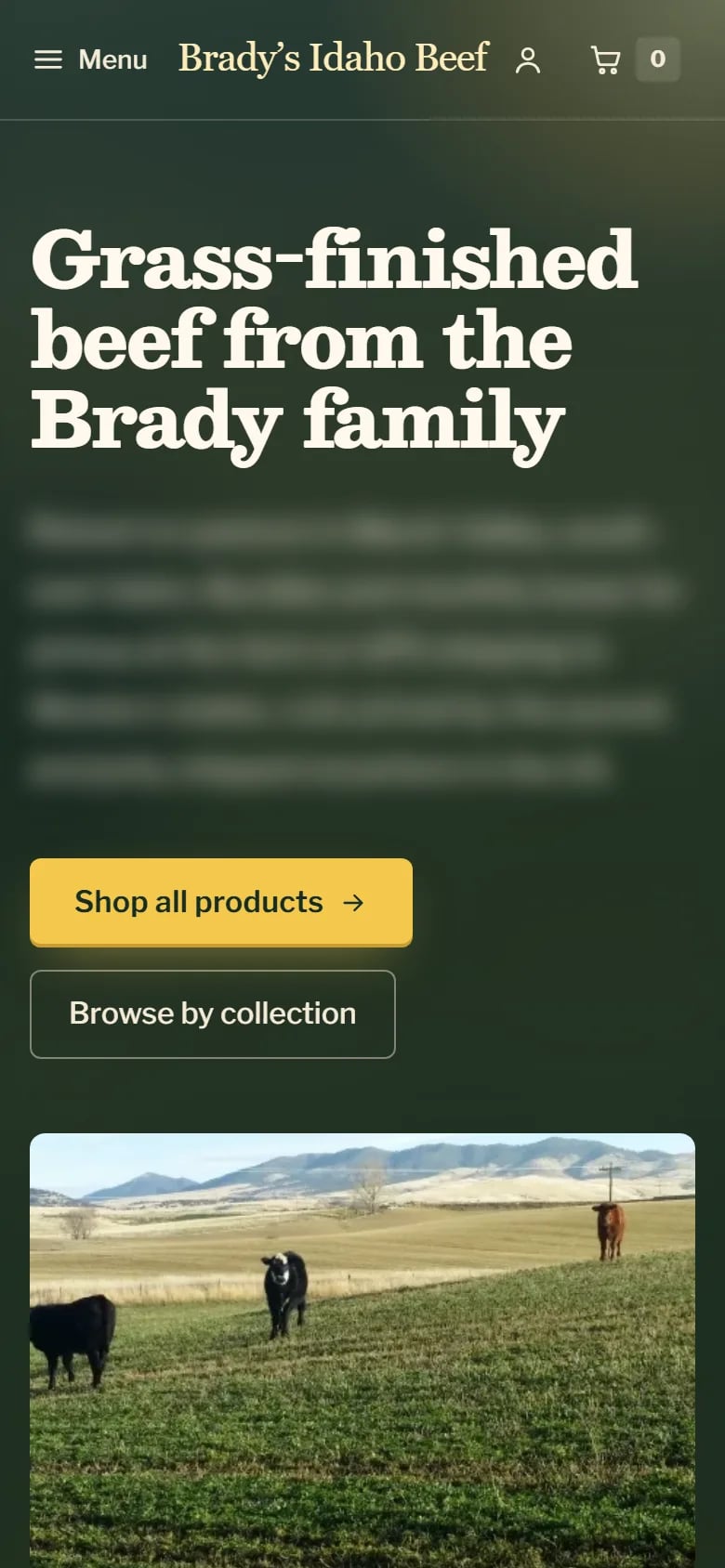 Phone view of the Farm Store home page with its dark green masthead and Shop all products button