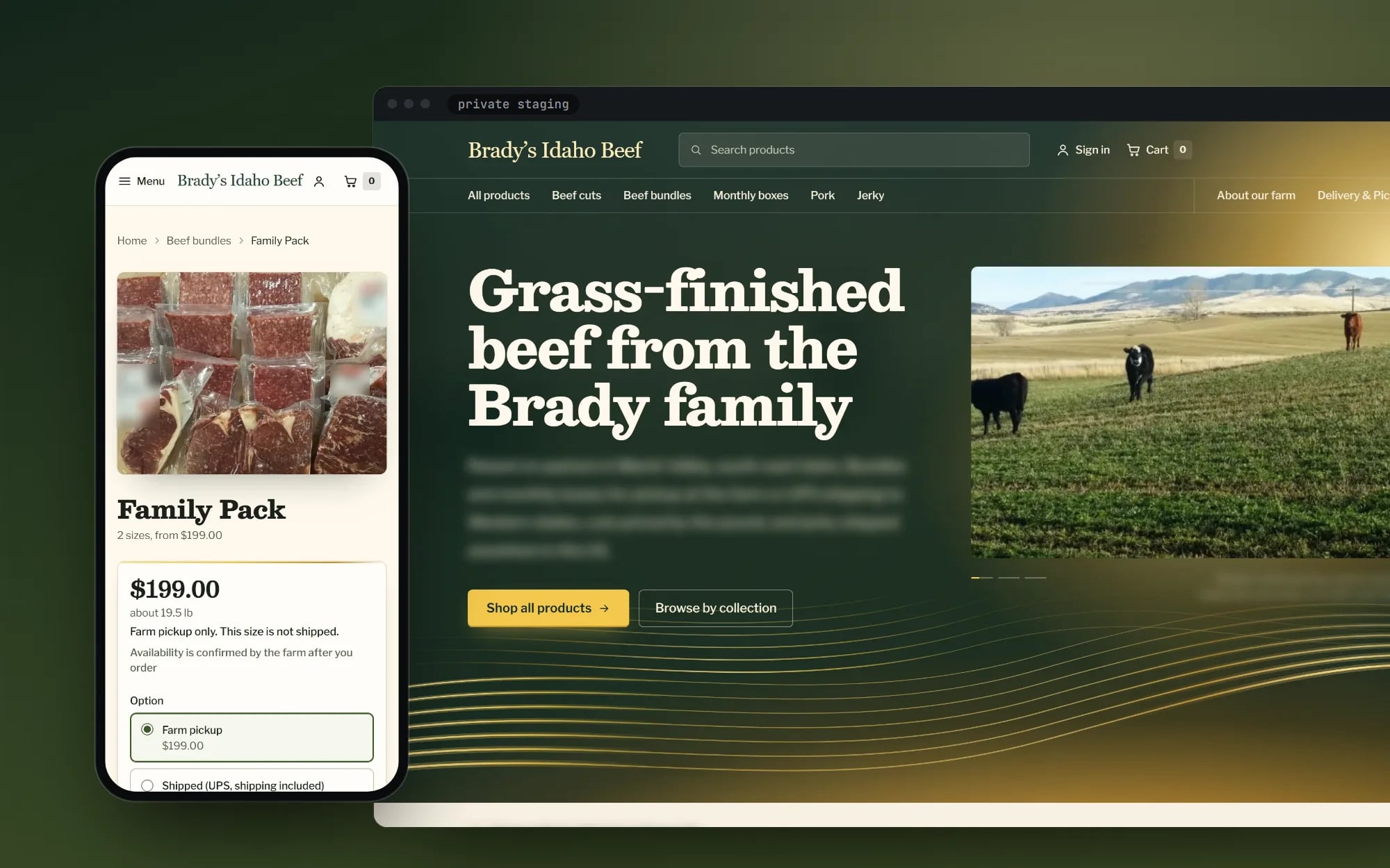 Farm Store: the storefront's dark green, golden-lit home page beside the Family Pack product page on a phone