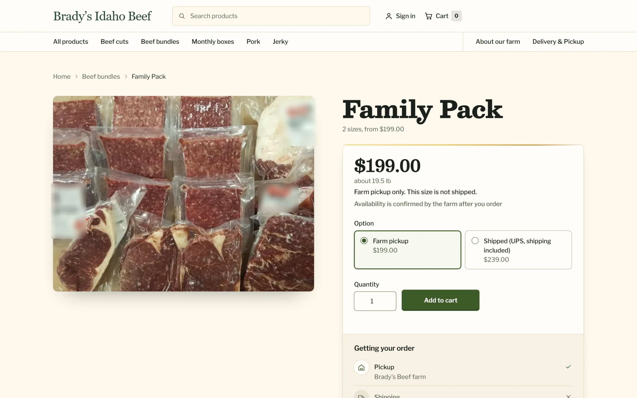 Family Pack product page: $199 for about 19.5 lb, a choice between farm pickup and UPS shipping at $239, and an Add to cart button