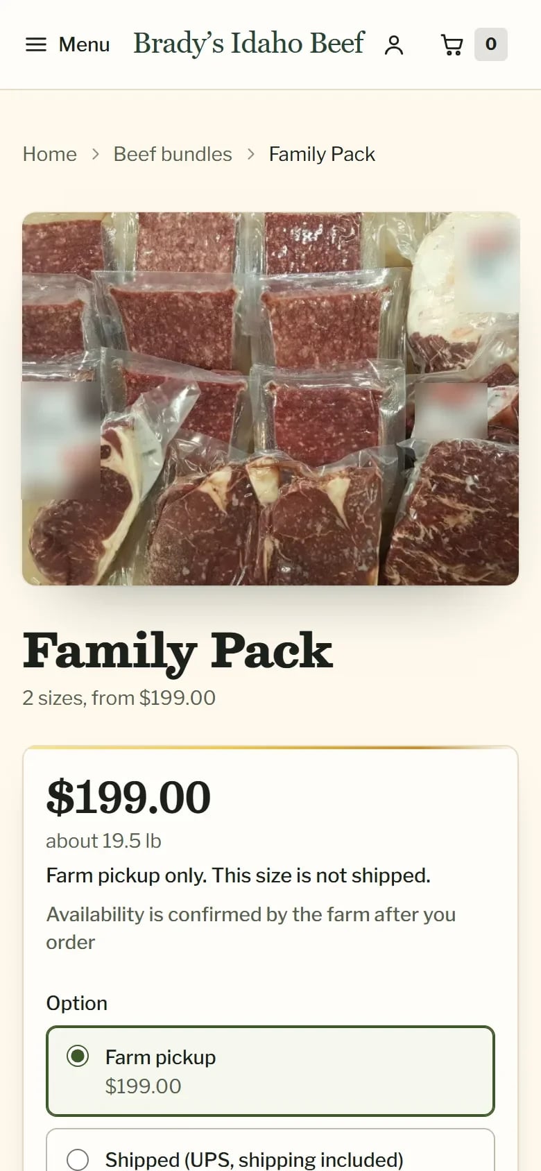 Phone view of the Family Pack product page with its price and delivery options