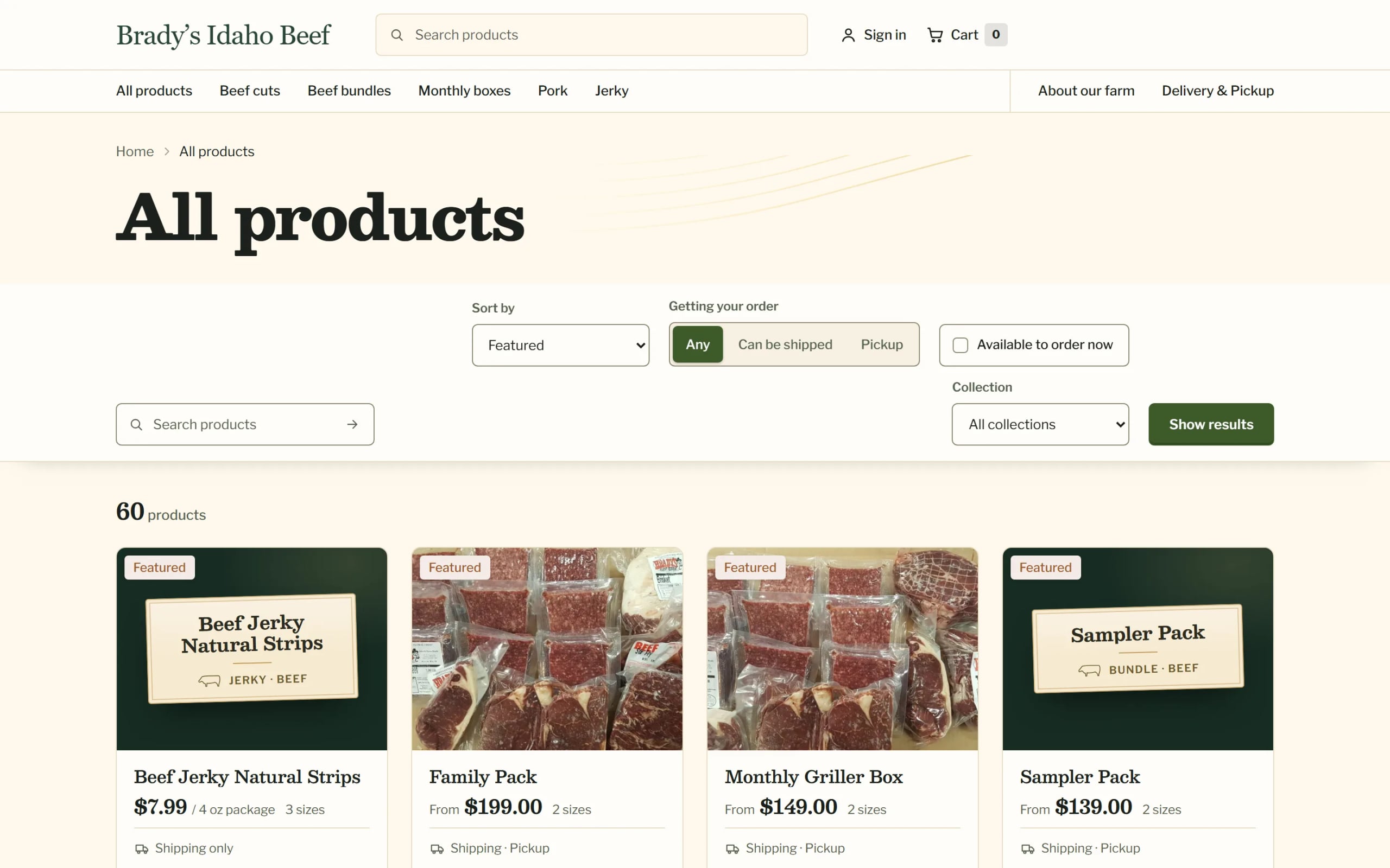 All products page listing 60 products, with sorting, a shipping or pickup filter and featured items such as beef jerky and the Monthly Griller Box