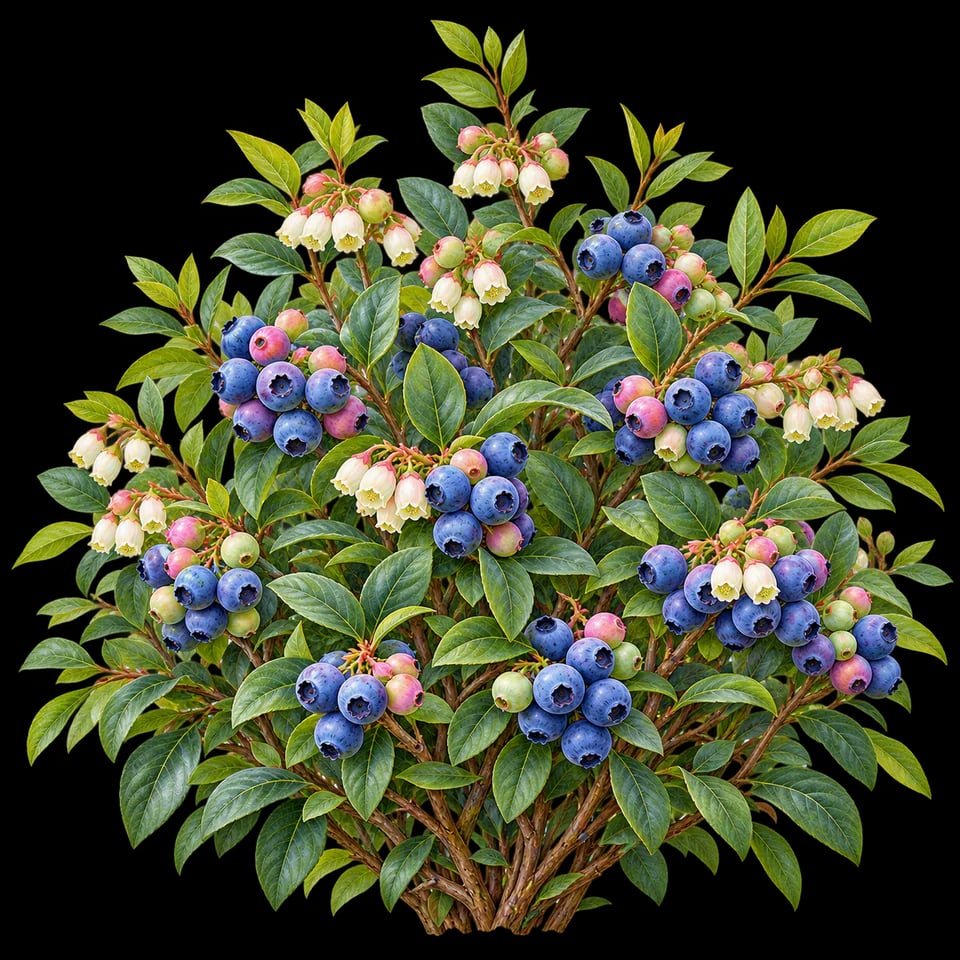 Botanical illustration of a blueberry bush with berries and pale flowers