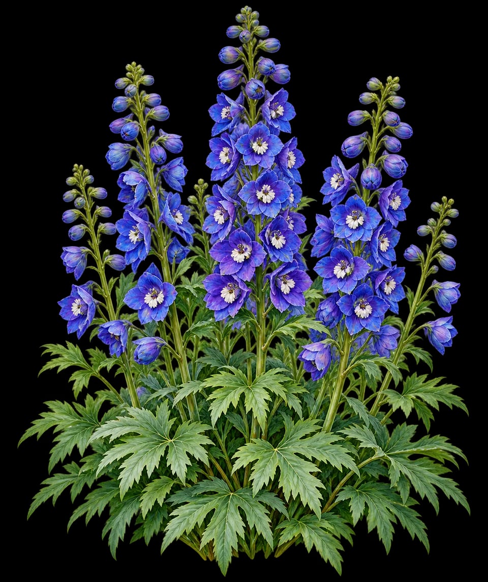 Botanical illustration of tall blue delphinium spires