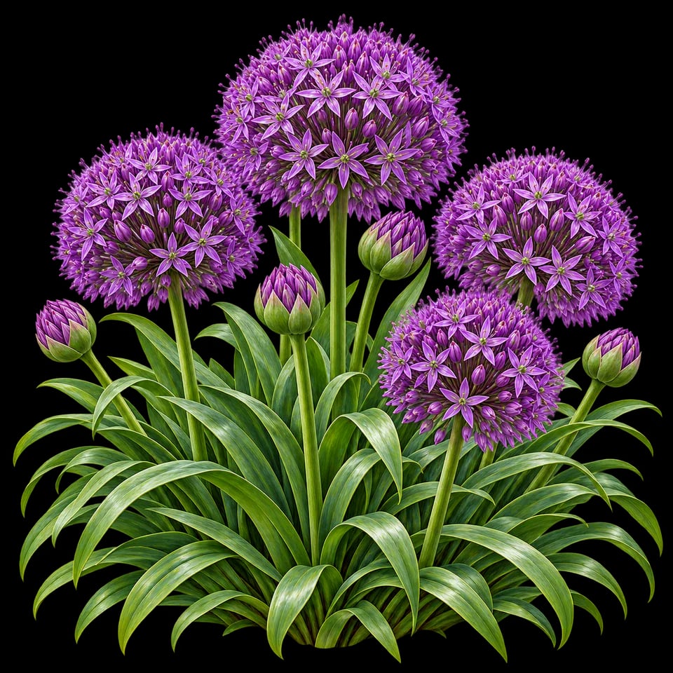 Botanical illustration of Gladiator allium with round purple flower heads
