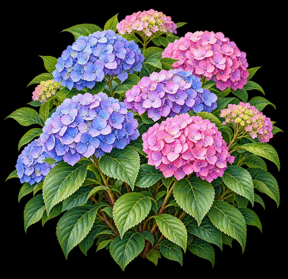 Botanical illustration of a hydrangea with blue and pink flower heads