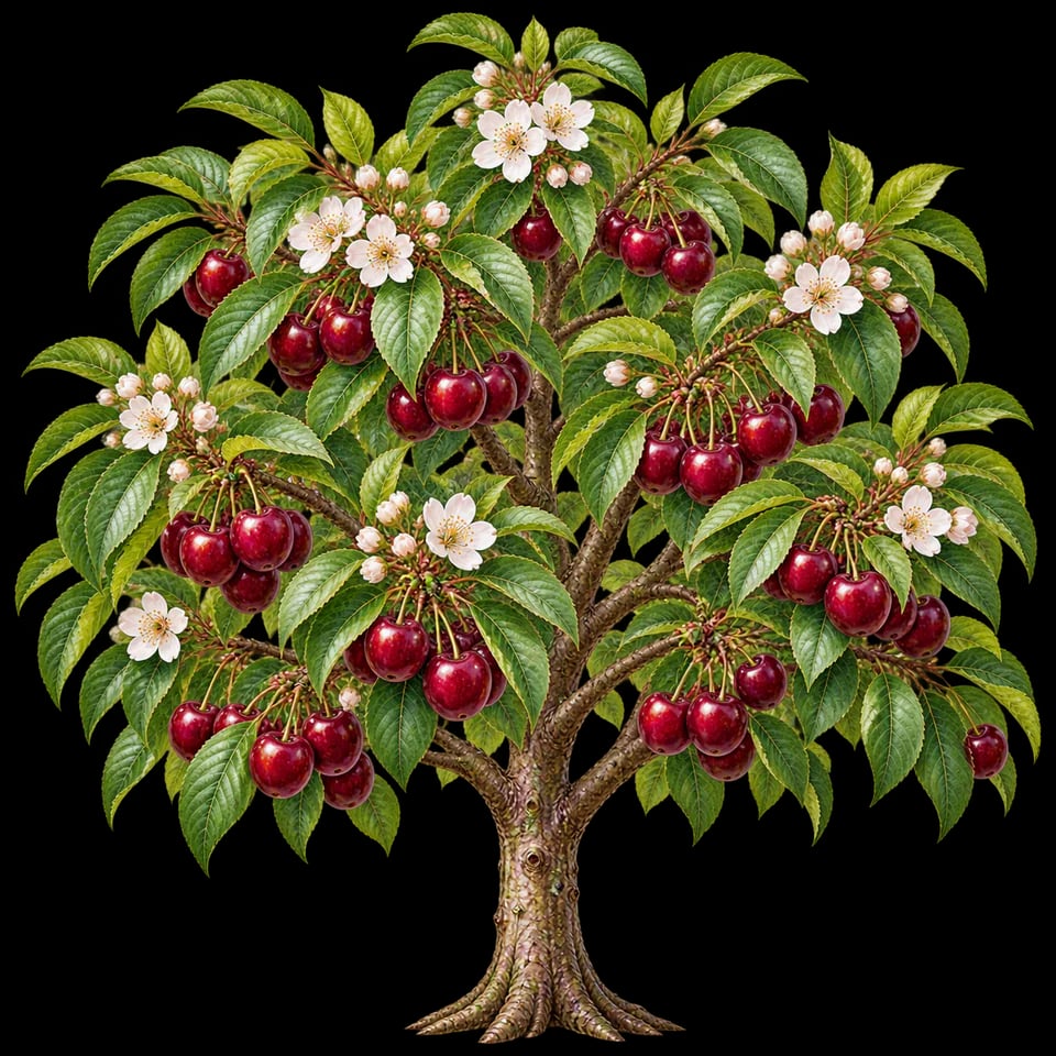 Botanical illustration of a Lapins sweet cherry tree with white blossom and dark red cherries