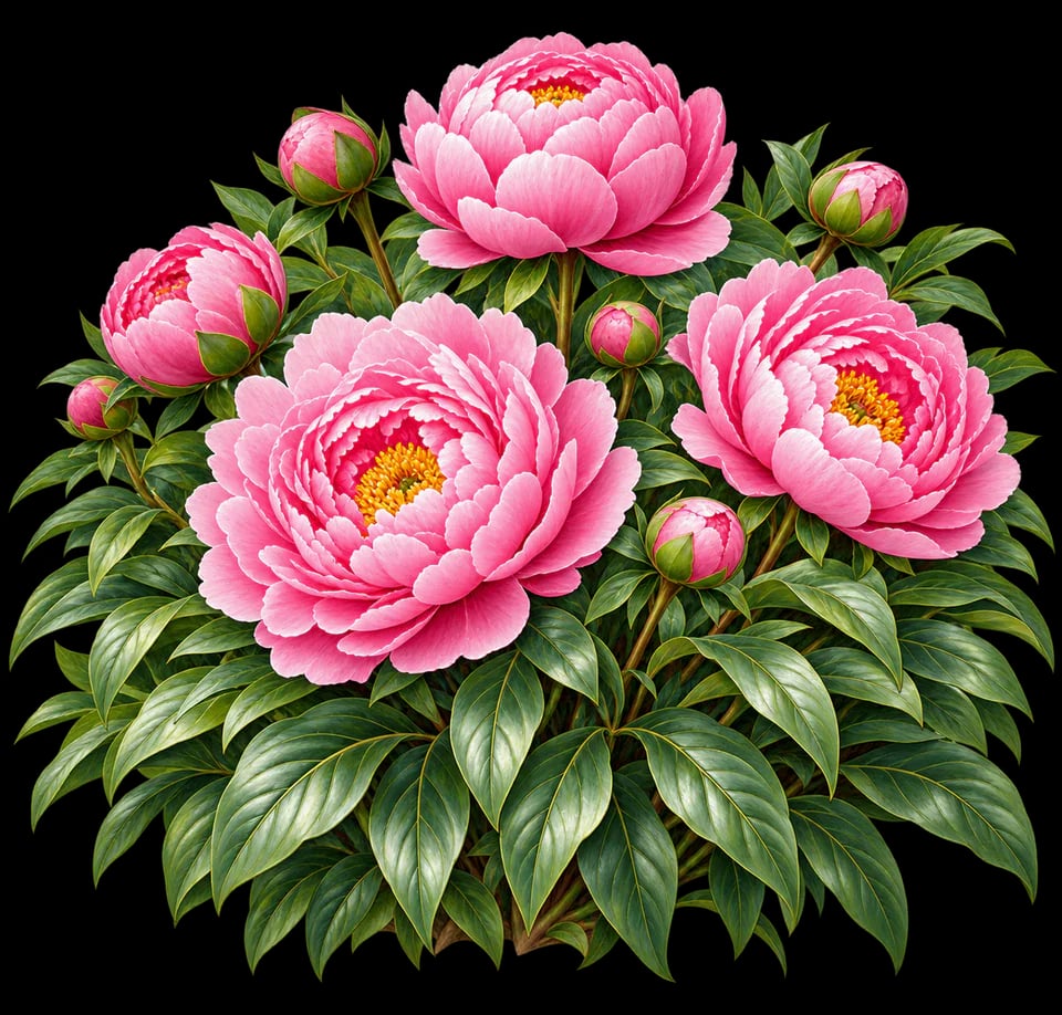 Botanical illustration of a pink peony in full bloom