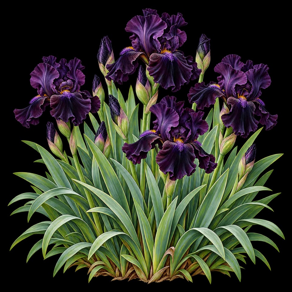 Botanical illustration of a near-black Raven bearded iris