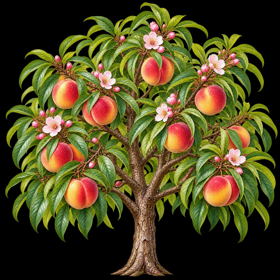 Botanical illustration of a Redhaven peach tree with pink blossom and ripe peaches