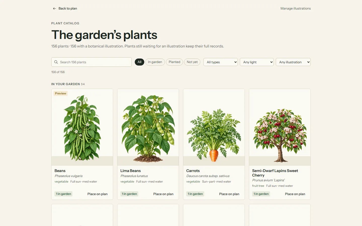 Plant catalogue titled “The garden's plants” with search, filters and illustrated cards for beans, carrots and a sweet cherry
