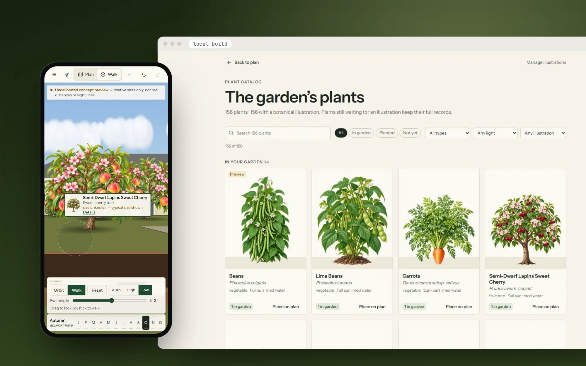 Garden Planner: the illustrated plant catalogue, a botanical cherry illustration and the 3D walk view on a phone