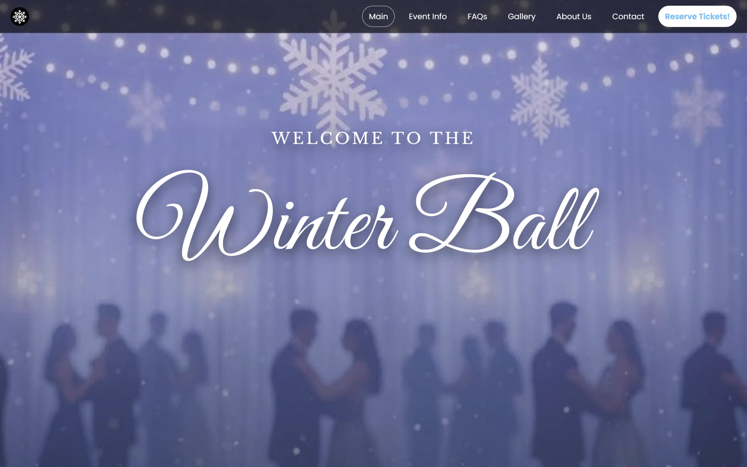 Winter Ball home page: “Welcome to the Winter Ball” in script over falling snowflakes and softly blurred dancing couples