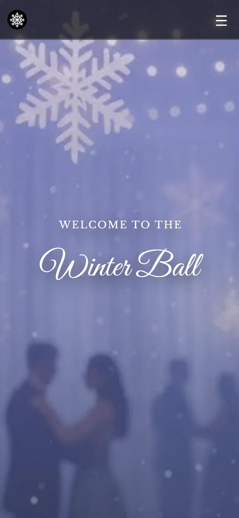 Phone view of the Winter Ball home page with its snowflakes and script title