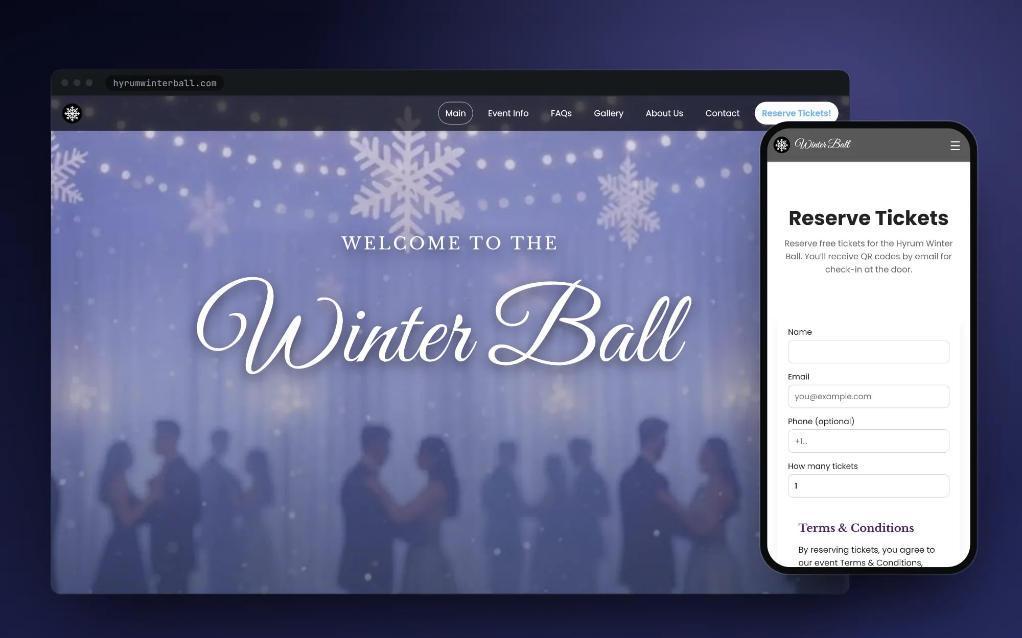 Hyrum Winter Ball: the snow-lit home page with the Winter Ball script title, and the Reserve Tickets form on a phone