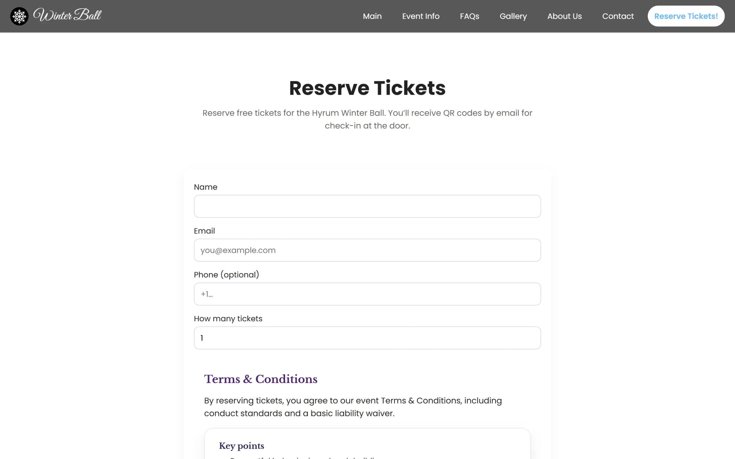 Reserve Tickets page: name, email, optional phone and number of tickets, then the event's terms and conditions