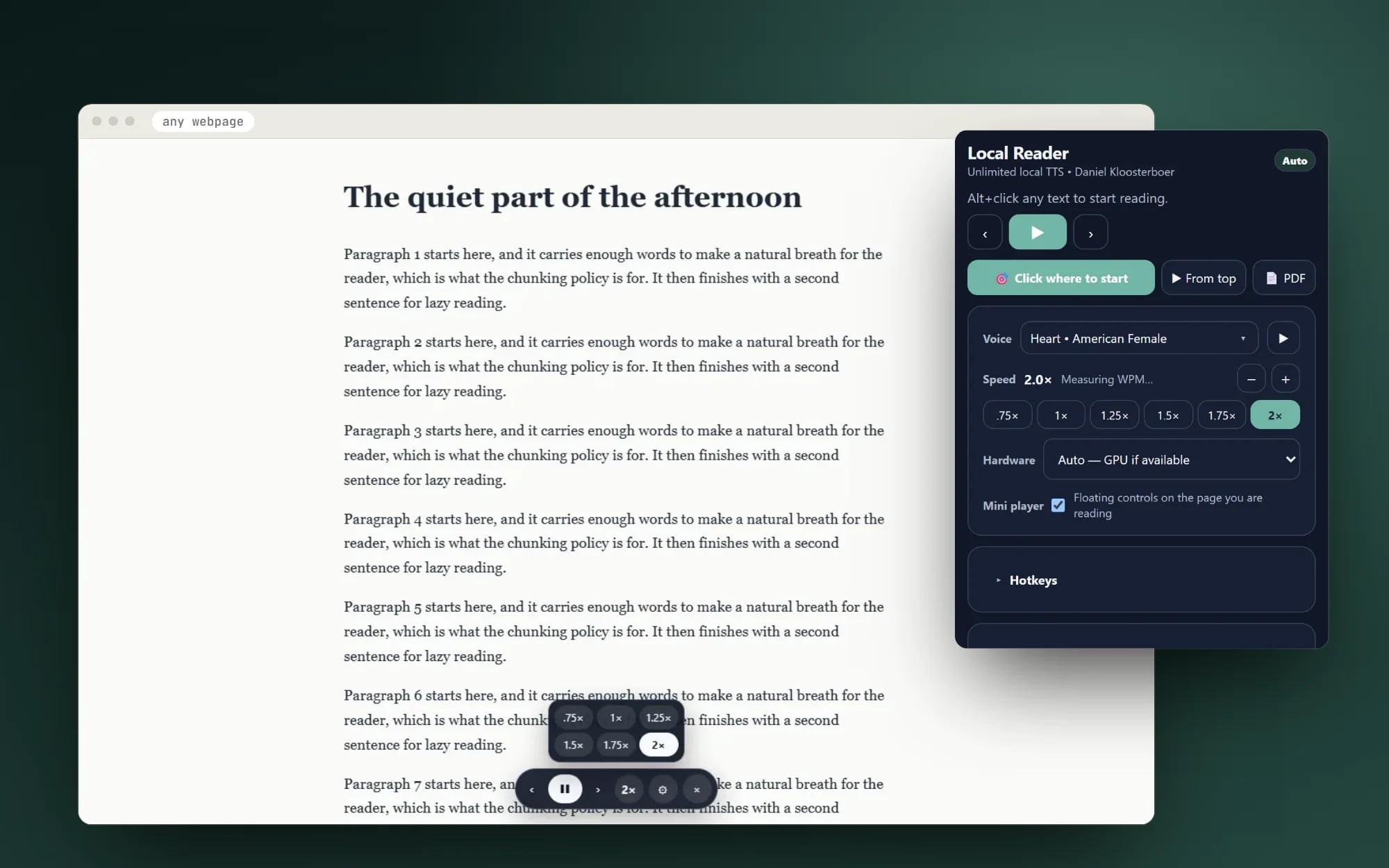 Local Reader: the side panel with voice and speed controls beside an article with the floating mini player