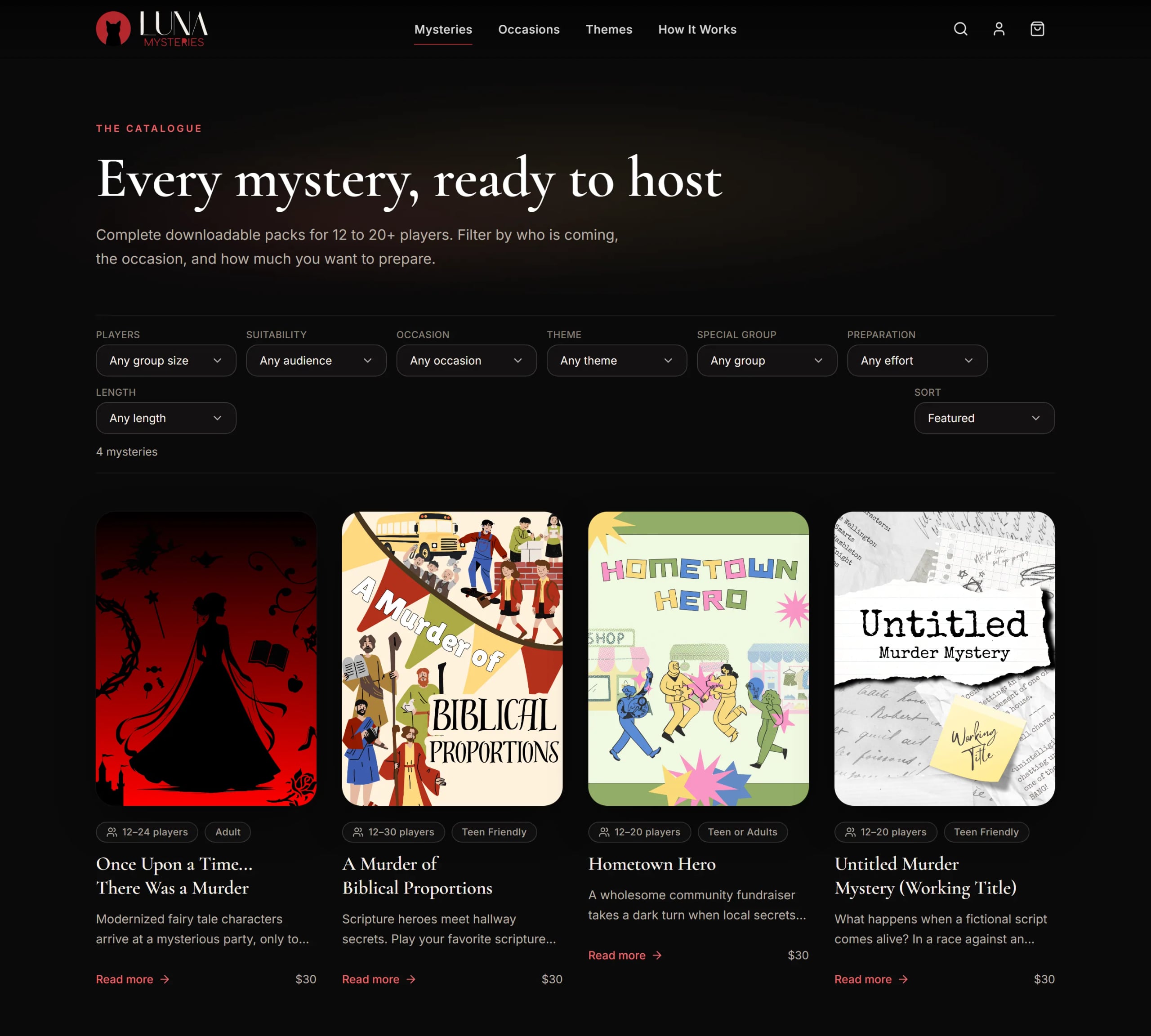 The catalogue, “Every mystery, ready to host”: filters above four illustrated mystery-pack covers with player counts and prices