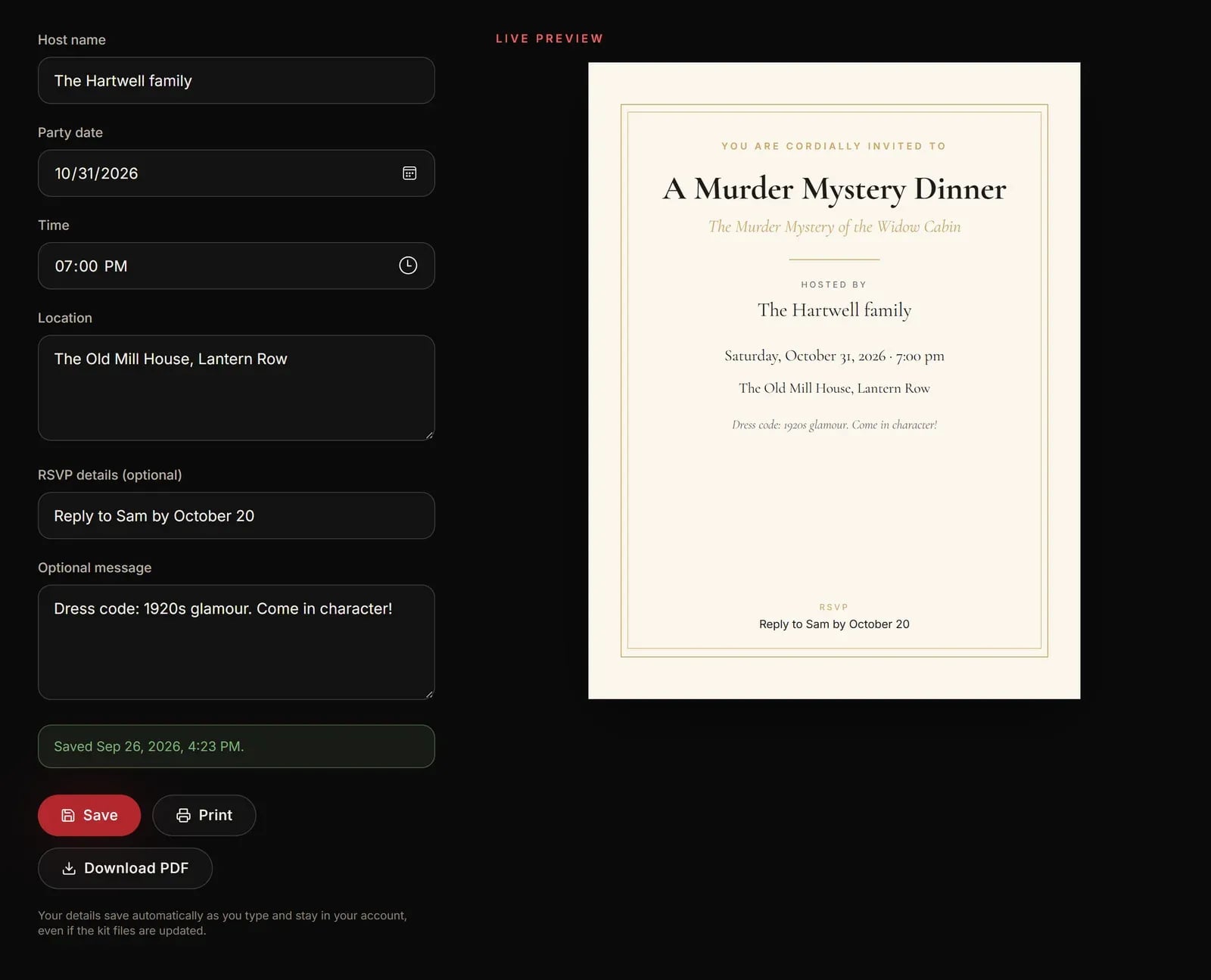Invitation editor: host, date, location and RSVP fields beside a live preview of a cream dinner-party invitation