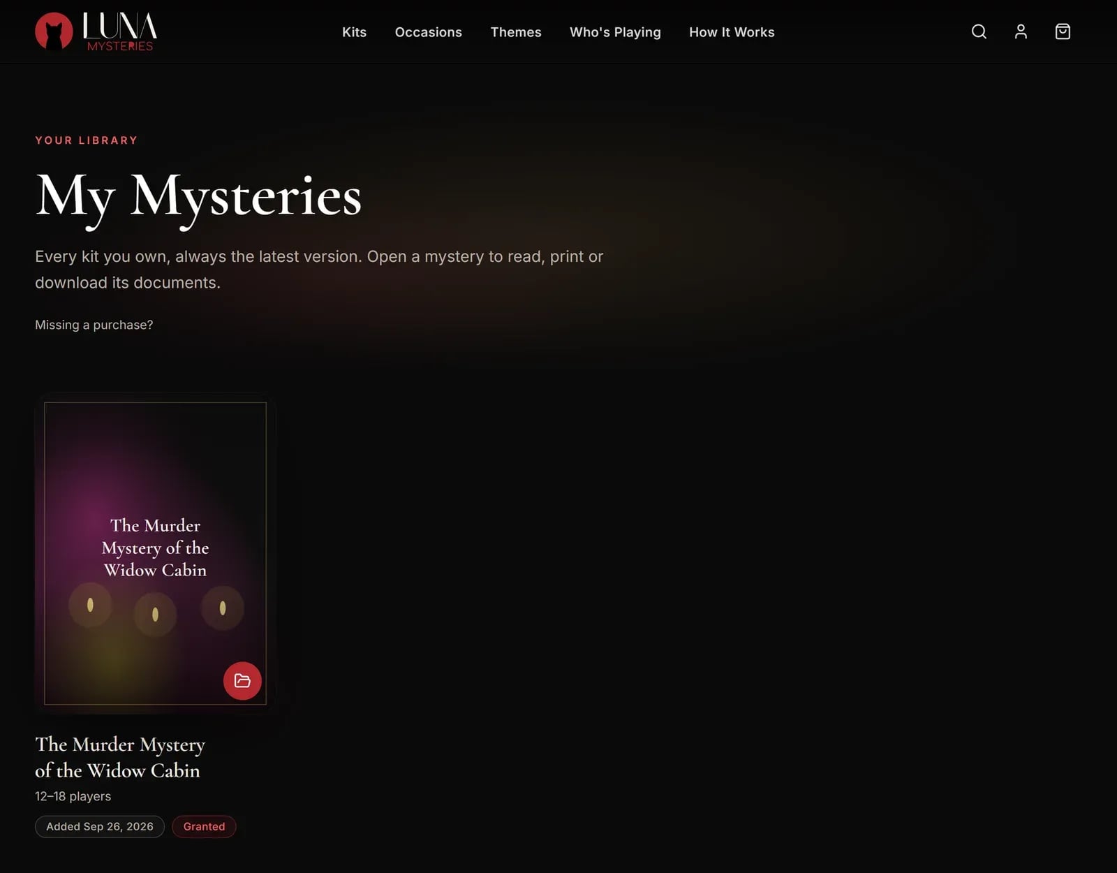 The “My Mysteries” library page showing one owned mystery pack
