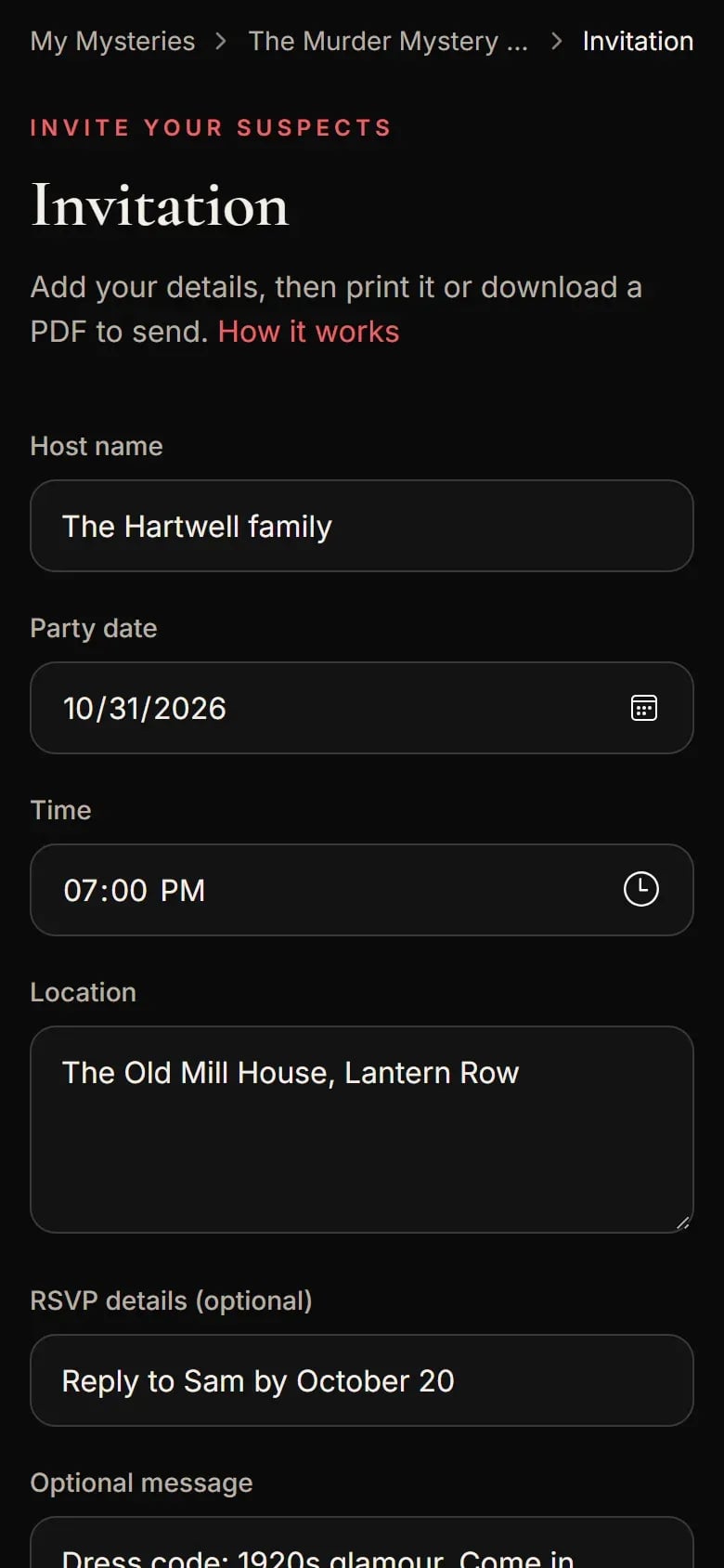 The invitation editor on a phone with stacked detail fields