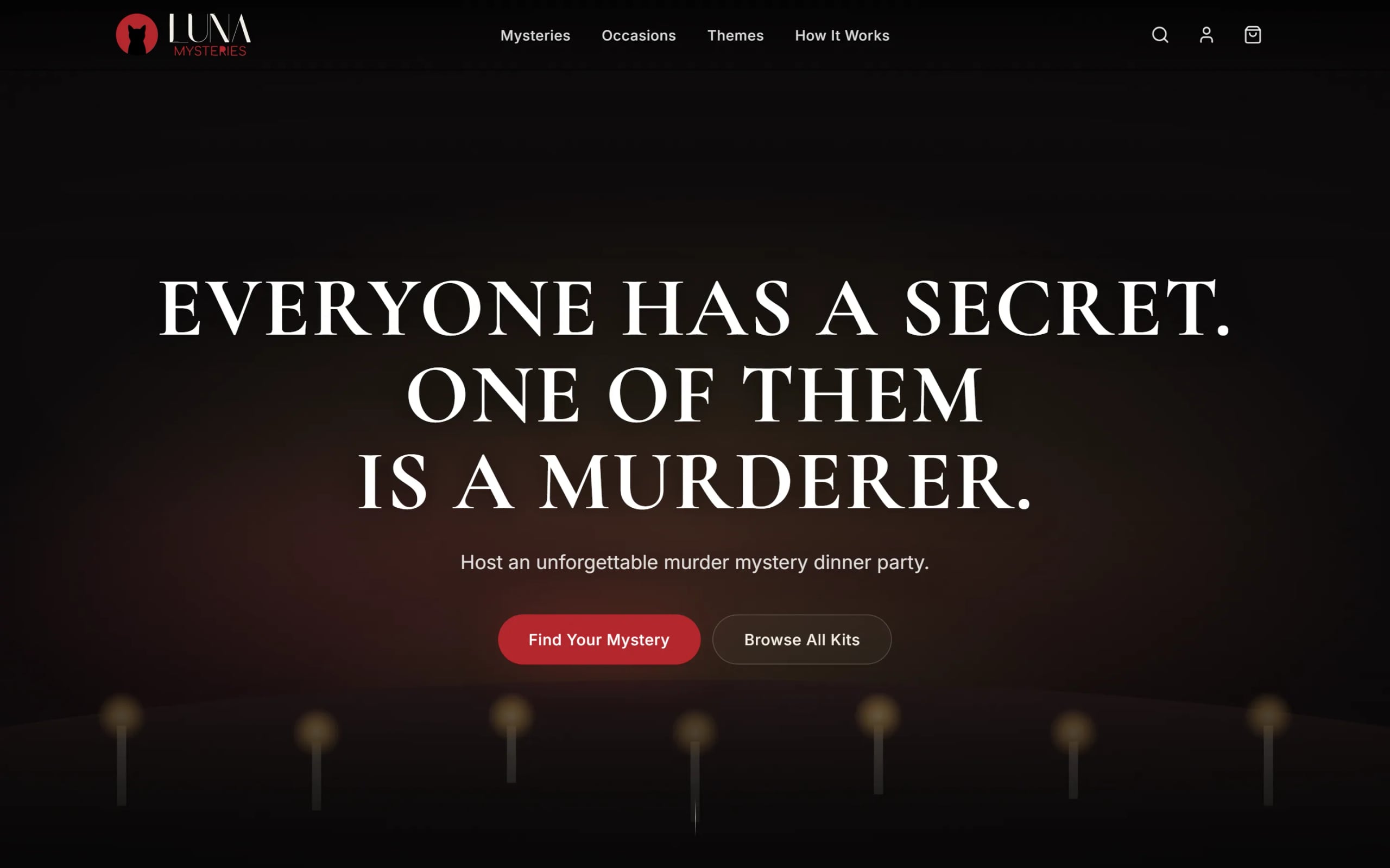 Luna Mysteries homepage: “Everyone has a secret. One of them is a murderer.” in large serif capitals over a candlelit dinner-table glow