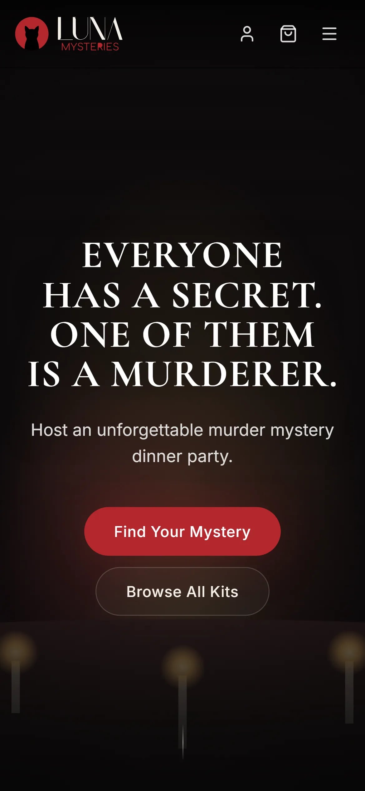 Luna Mysteries homepage on a phone with the stacked headline and Find Your Mystery and Browse All Kits buttons