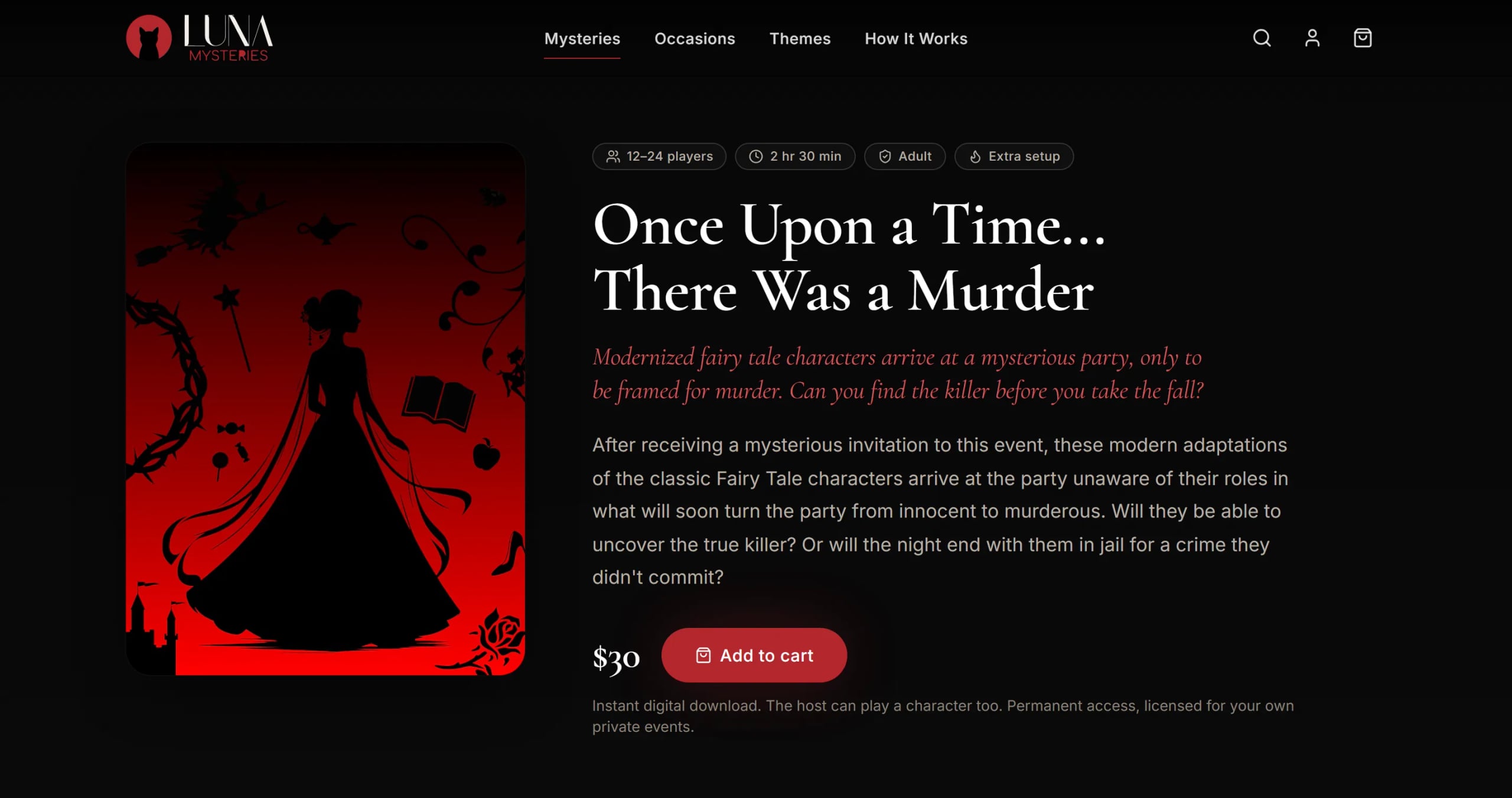 Product page for “Once Upon a Time... There Was a Murder” with fairy-tale silhouette cover art, player and length chips, synopsis and an Add to cart button