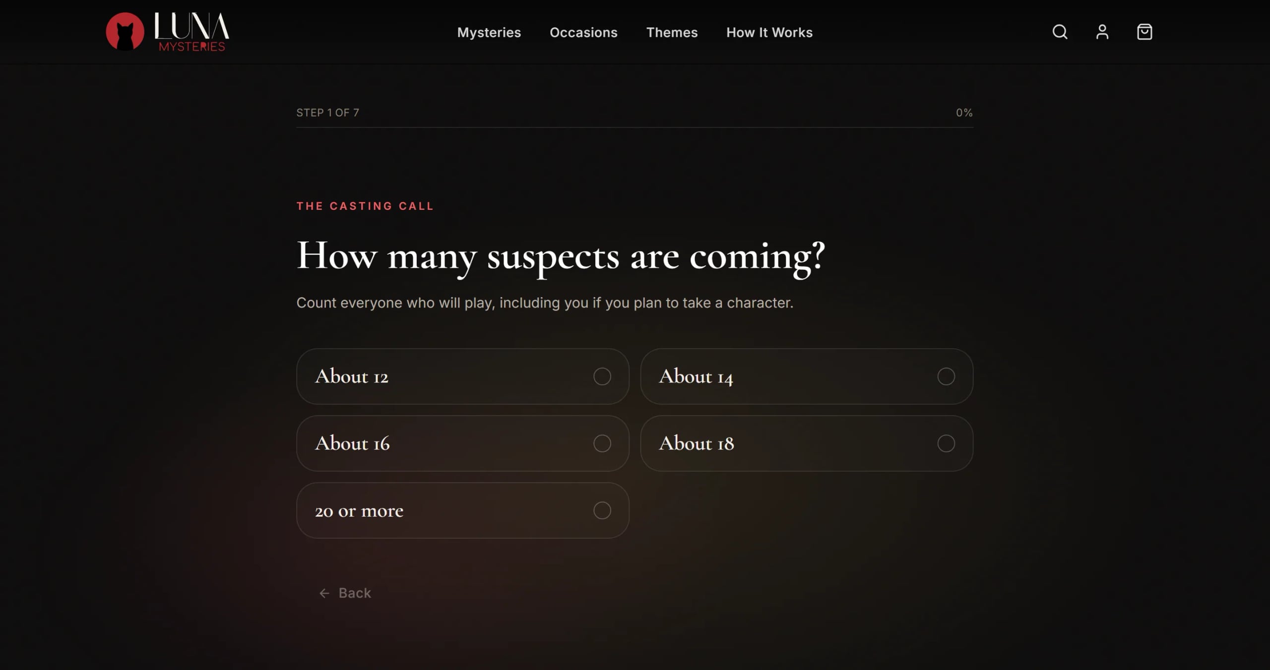 The “Find your mystery” quiz, step 1 of 7: “How many suspects are coming?” with five choices