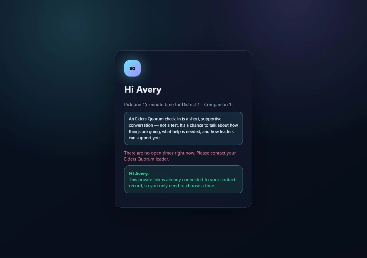 Personal booking page greeting the member by first name and explaining the check-in