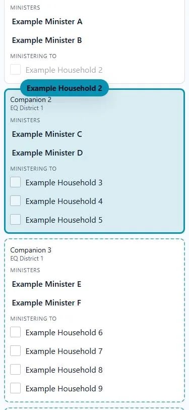 Phone planner mid-drag, moving a household between companionship cards