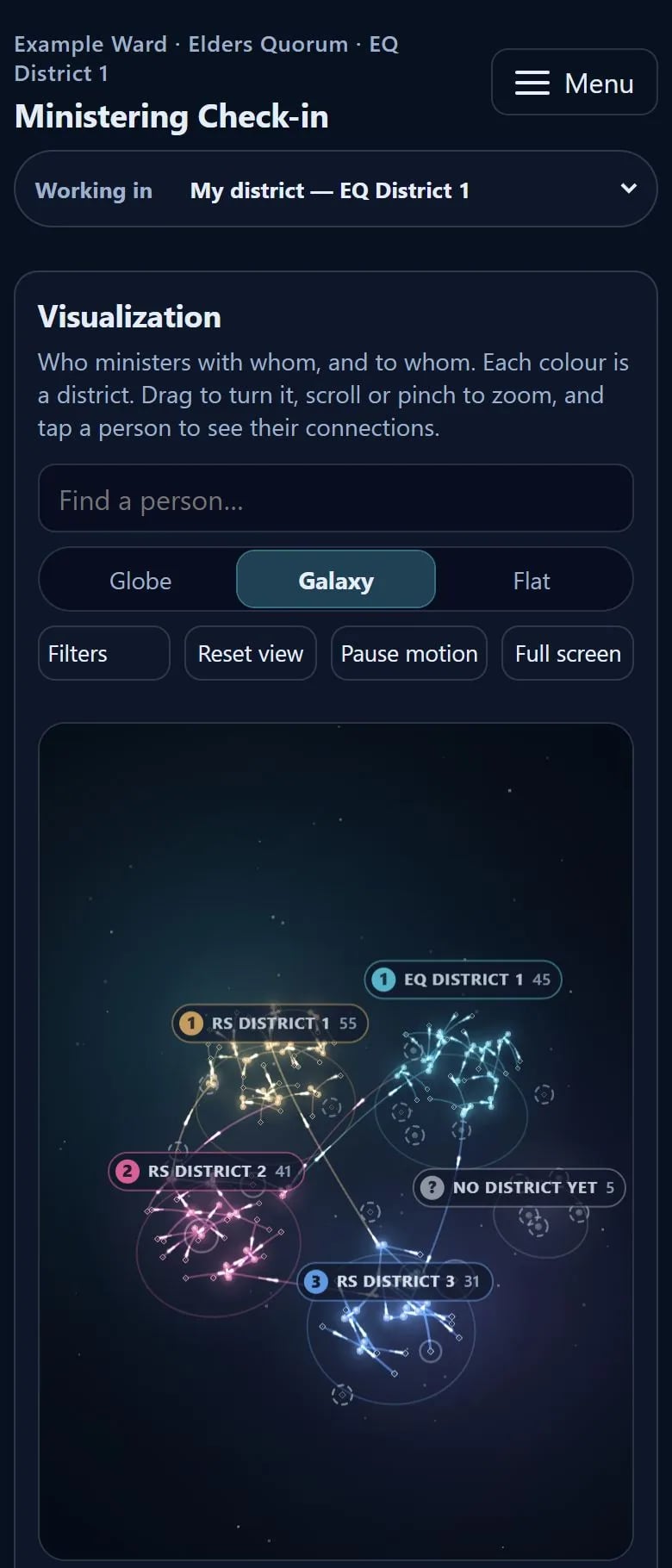 Phone view of the galaxy visualization with globe, galaxy and flat modes