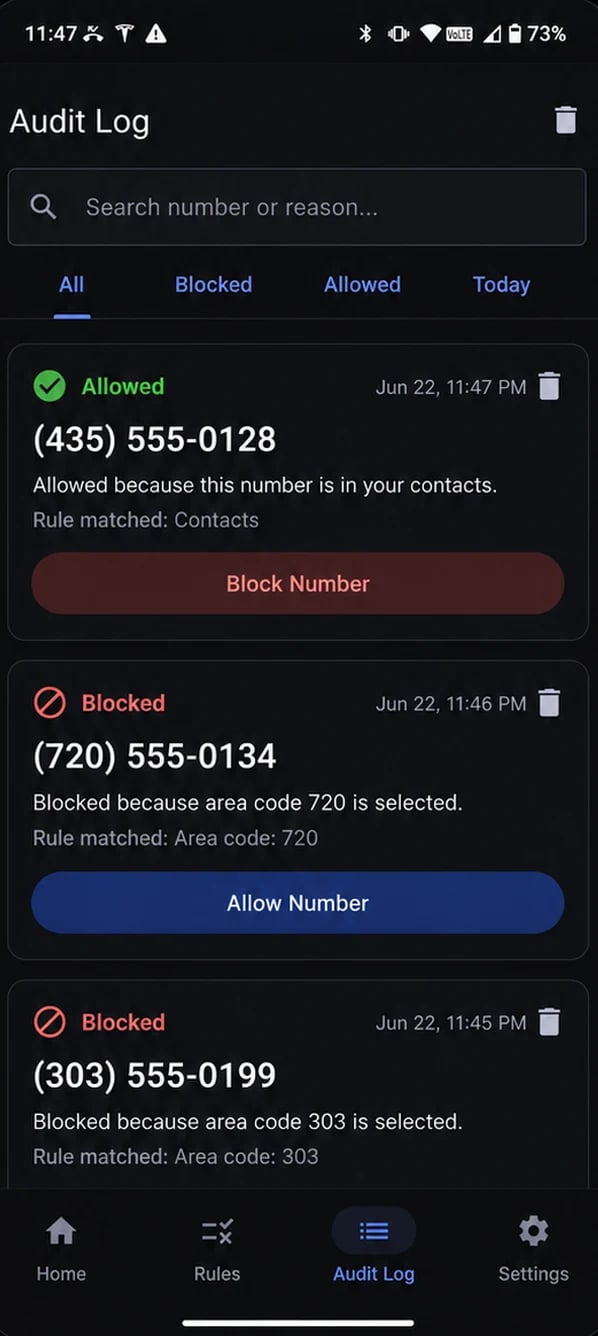 Audit log listing an allowed call from a contact and two calls blocked by area code, each with the rule that matched