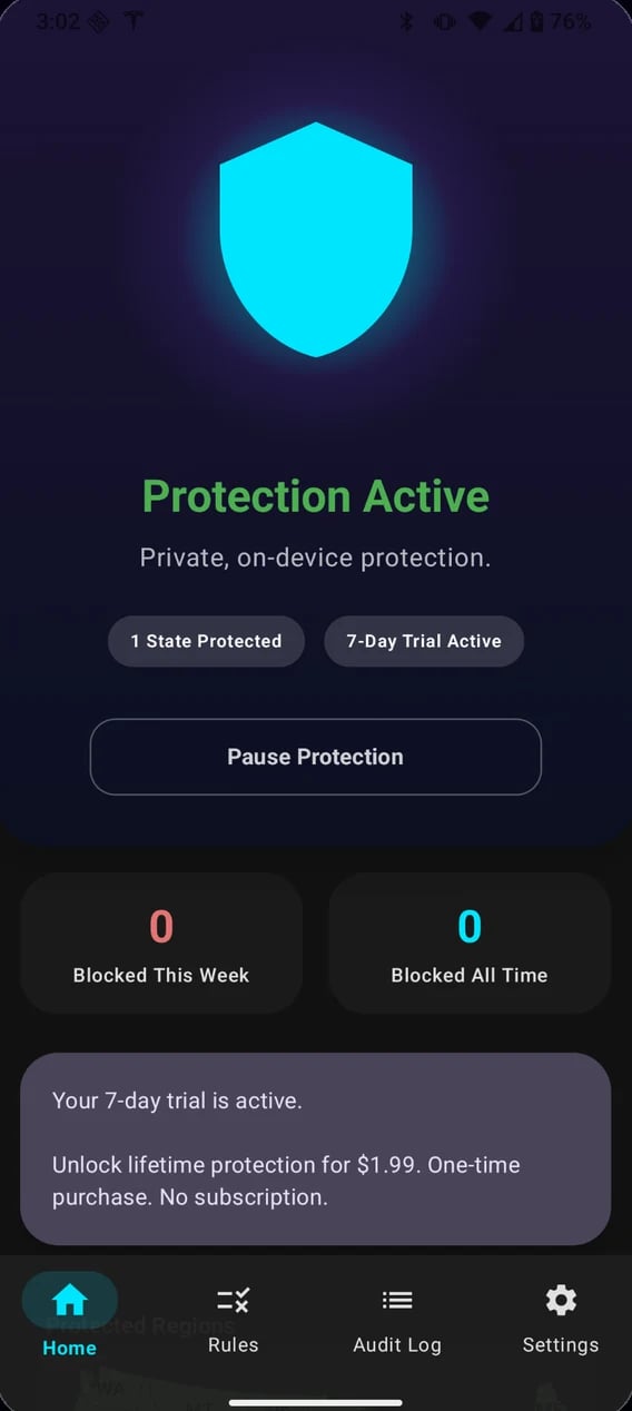 Area Shield home screen: Protection Active, one state protected, the 7-day trial and a Pause Protection button