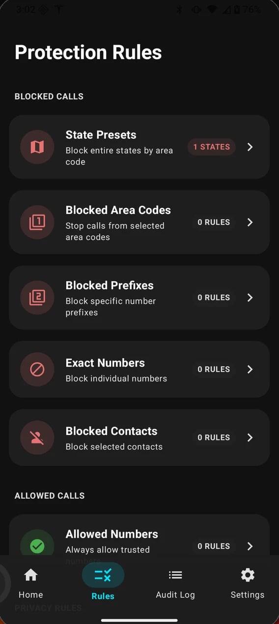 Protection Rules: state presets, blocked area codes, prefixes, exact numbers and contacts, each with its rule count