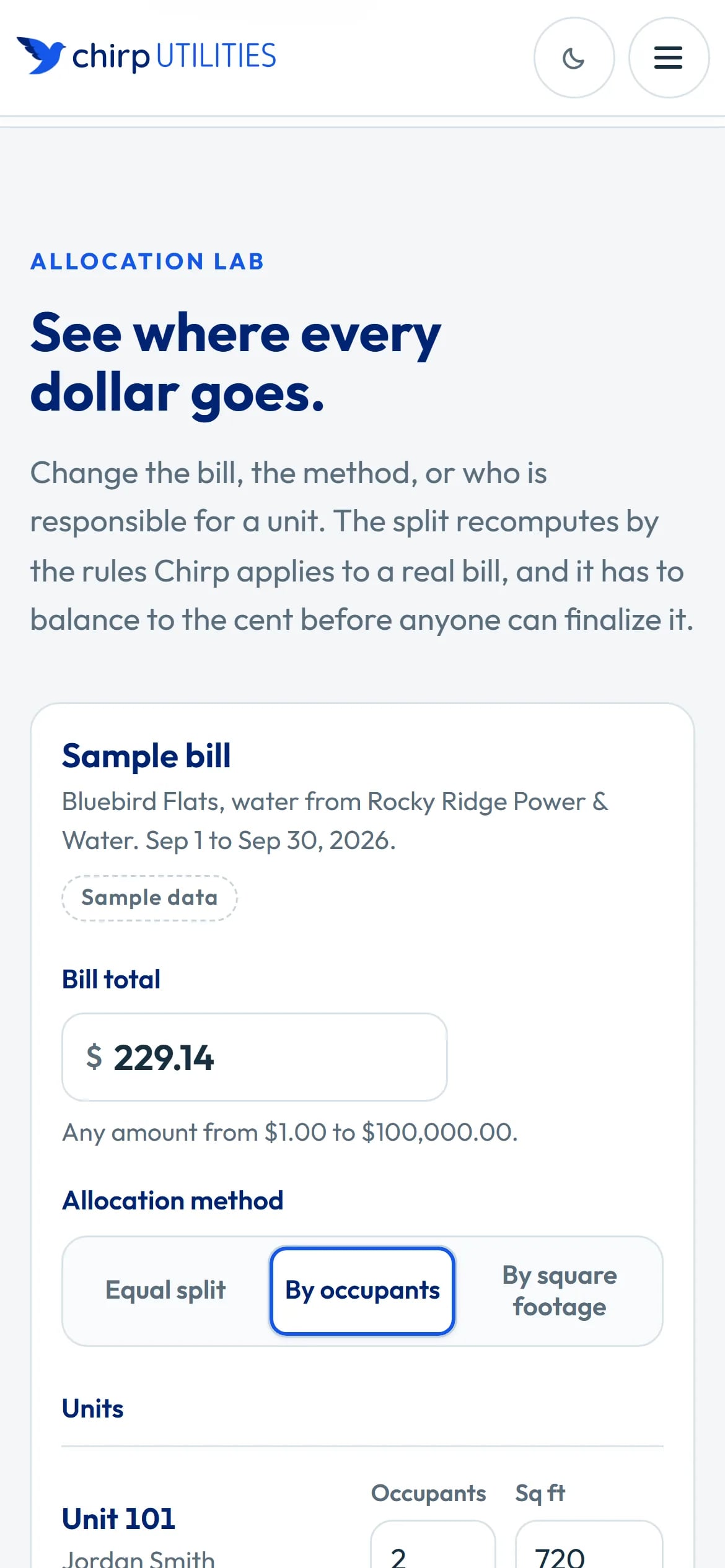 The allocation lab on a phone: “See where every dollar goes.” above a sample bill and the allocation-method switch