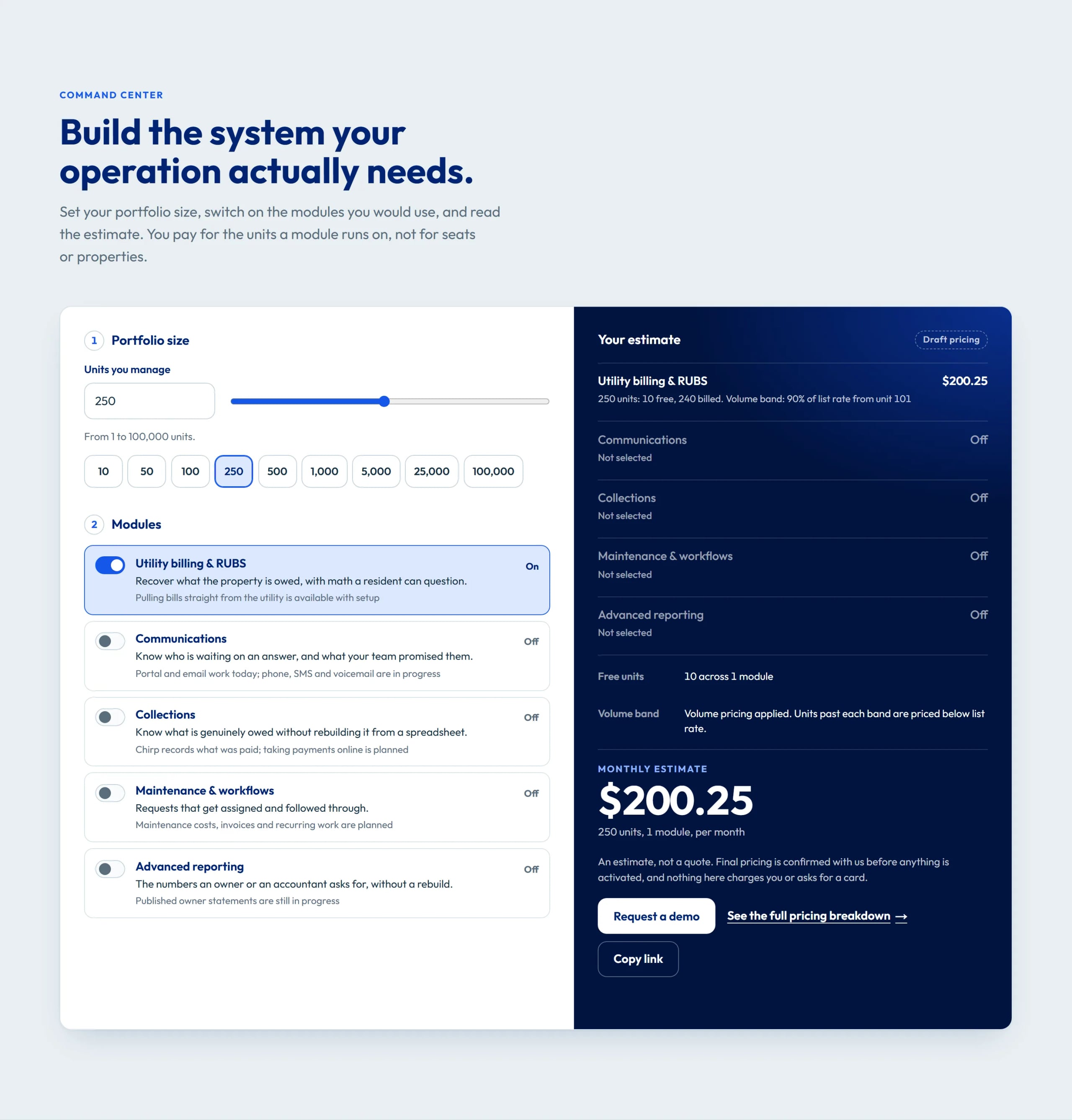 Pricing builder with a portfolio-size slider and module toggles beside an estimate panel