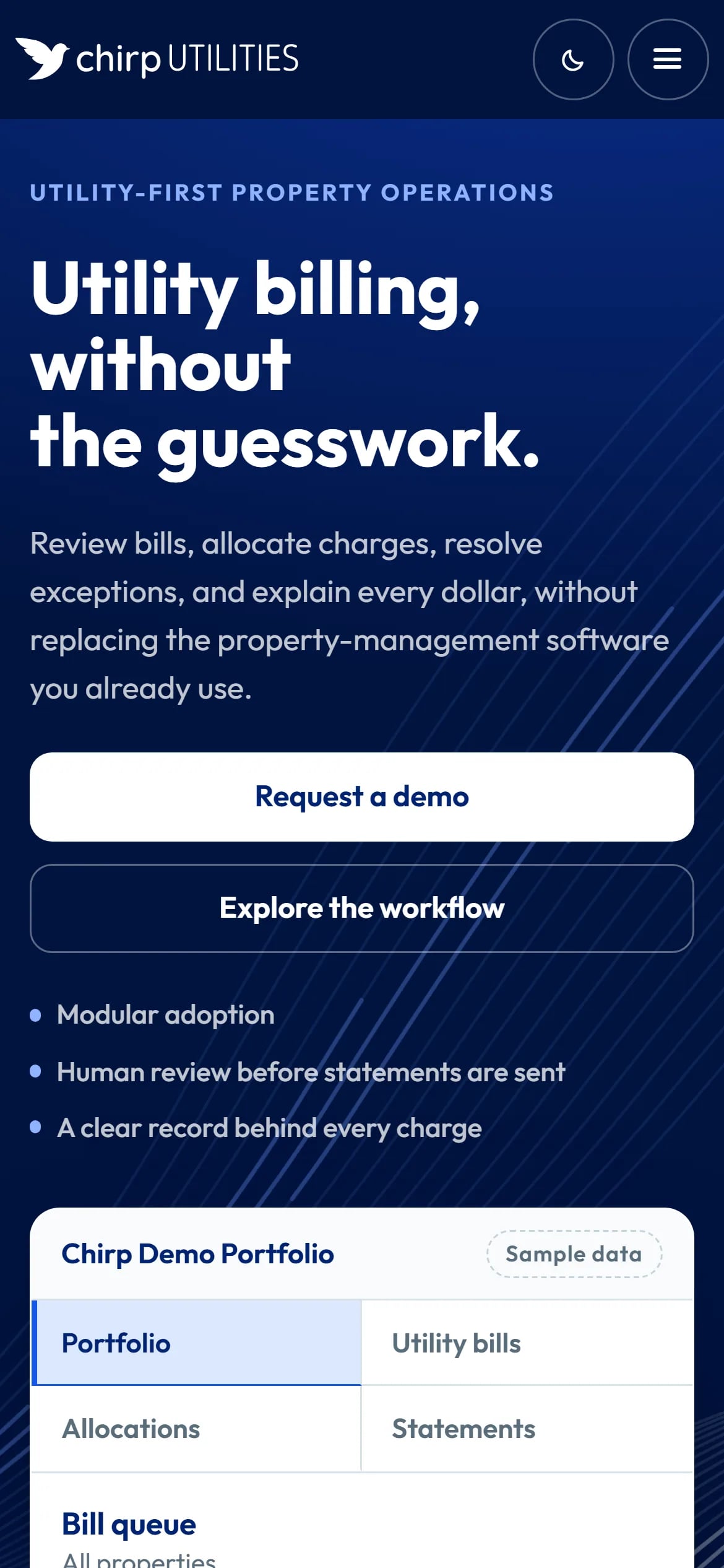 Chirp Utilities homepage on a phone: headline, demo buttons and the top of the sample portfolio card