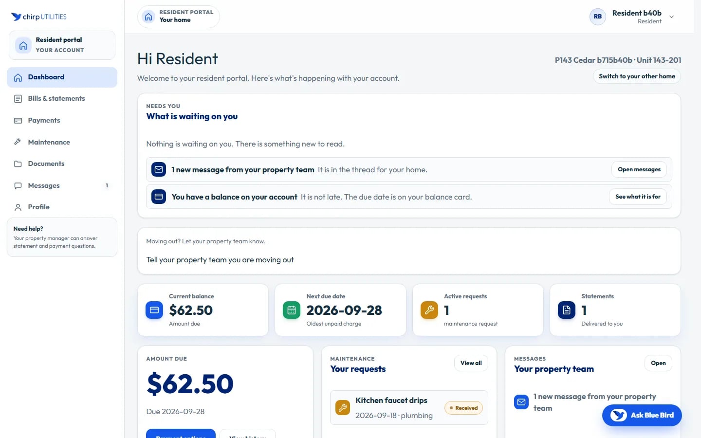 Resident portal dashboard: what's waiting, balance, next due date, maintenance and statement cards, seeded demo data