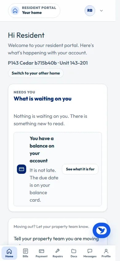Resident portal on a phone with a balance notice and a bottom tab bar, seeded demo data