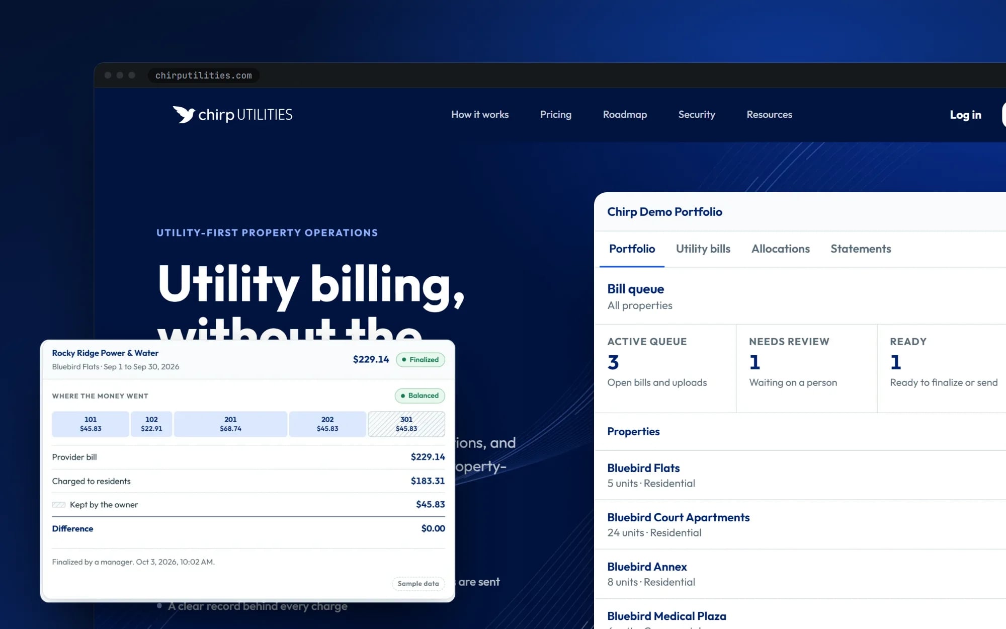 Chirp Utilities: the homepage and a finalized water bill split across five units with a $0.00 difference