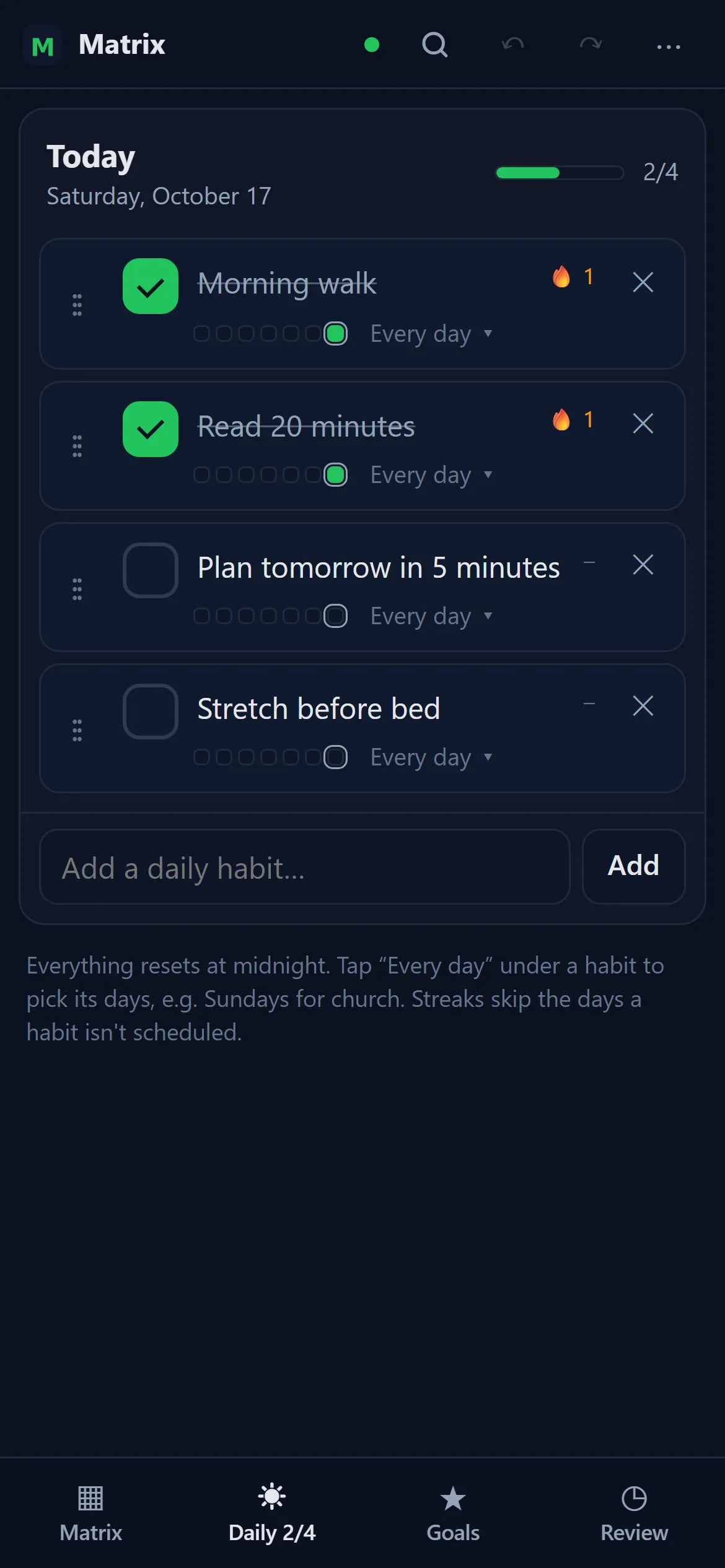 Phone view of today's habits with two completed